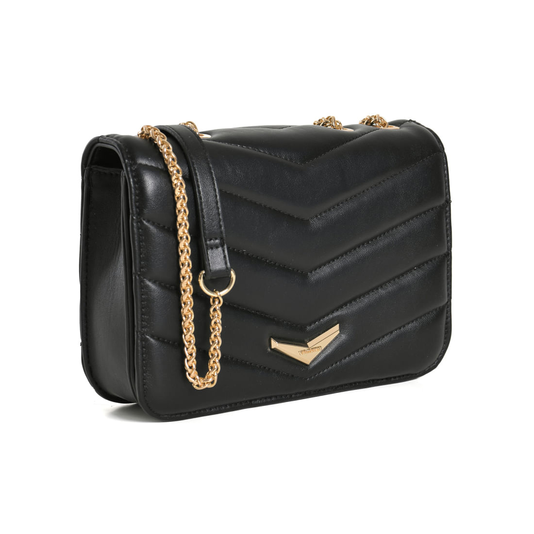 Bolsa feminina Via Marte preta vista lateral mostrando detalhes do acabamento metalassê e alça em corrente dourada